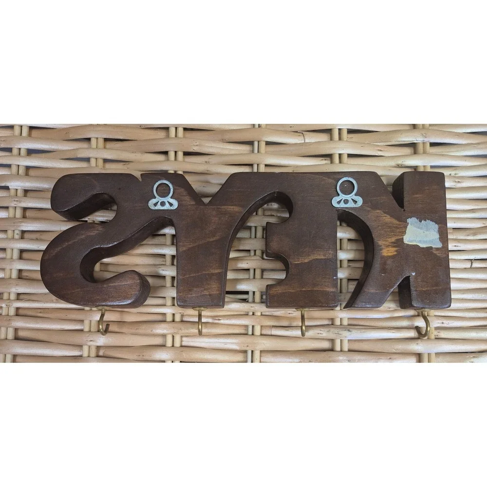 Vintage Wood KEYS Wall Key Holder 4 Brass Hooks Retro MCM Entryway Organizer